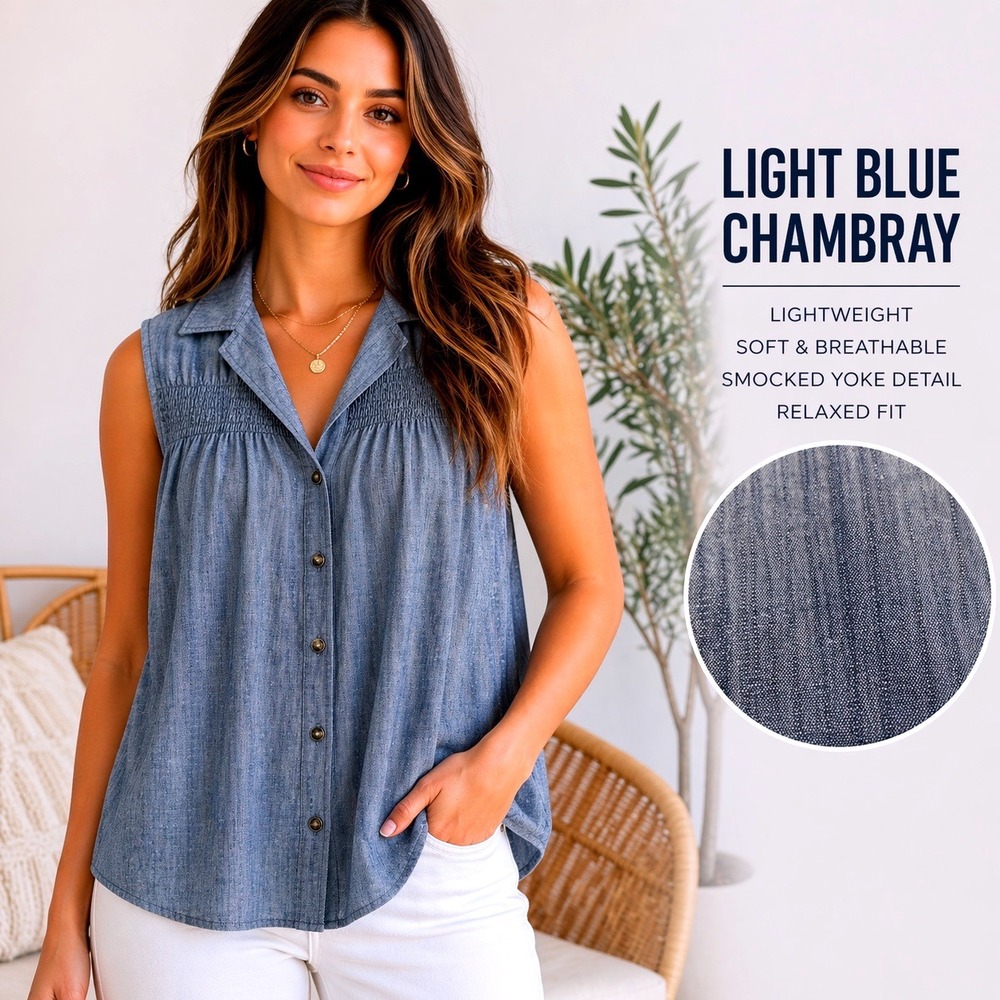 Lightweight Chambray Smocked Yoke Sleeveless Button‎ Down Top Boho Casual Summer